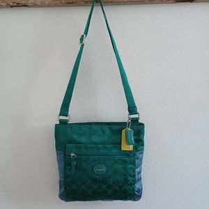 Coach New York Handbag Purse F77576 Getaway Bag Signature Blue & Green Nylon Swi